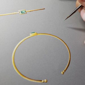 dessin bracelet en or, gouaché tourmaline verte, marque sandreta jewelry, fabrication française